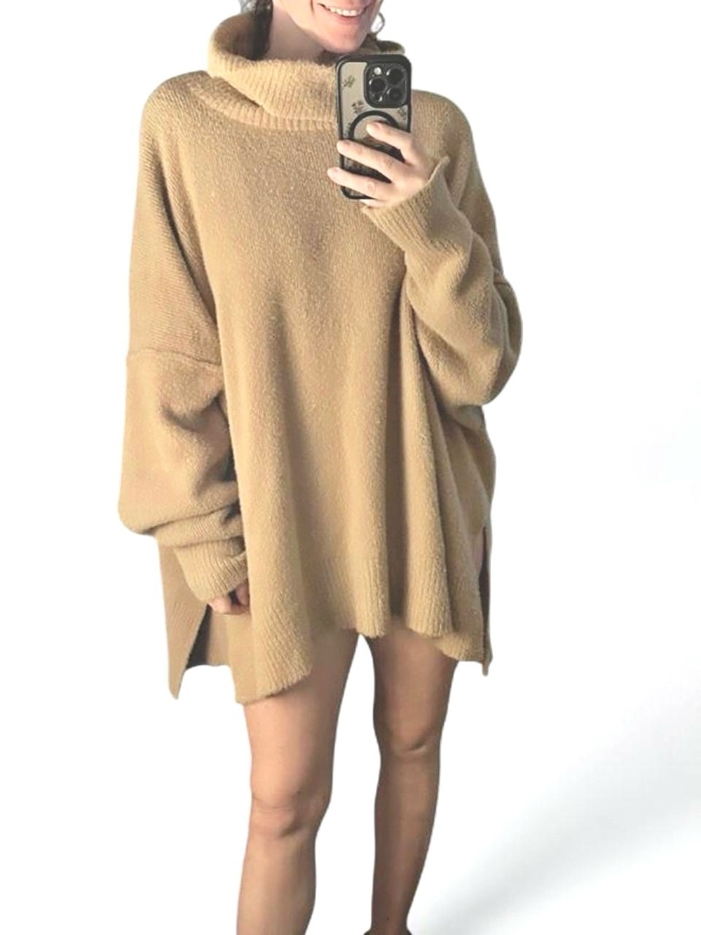 Aerie Oversized Turtleneck Soft Fuzzy Sweater Tan XXL Cozy Minimalist Olsen Y2K